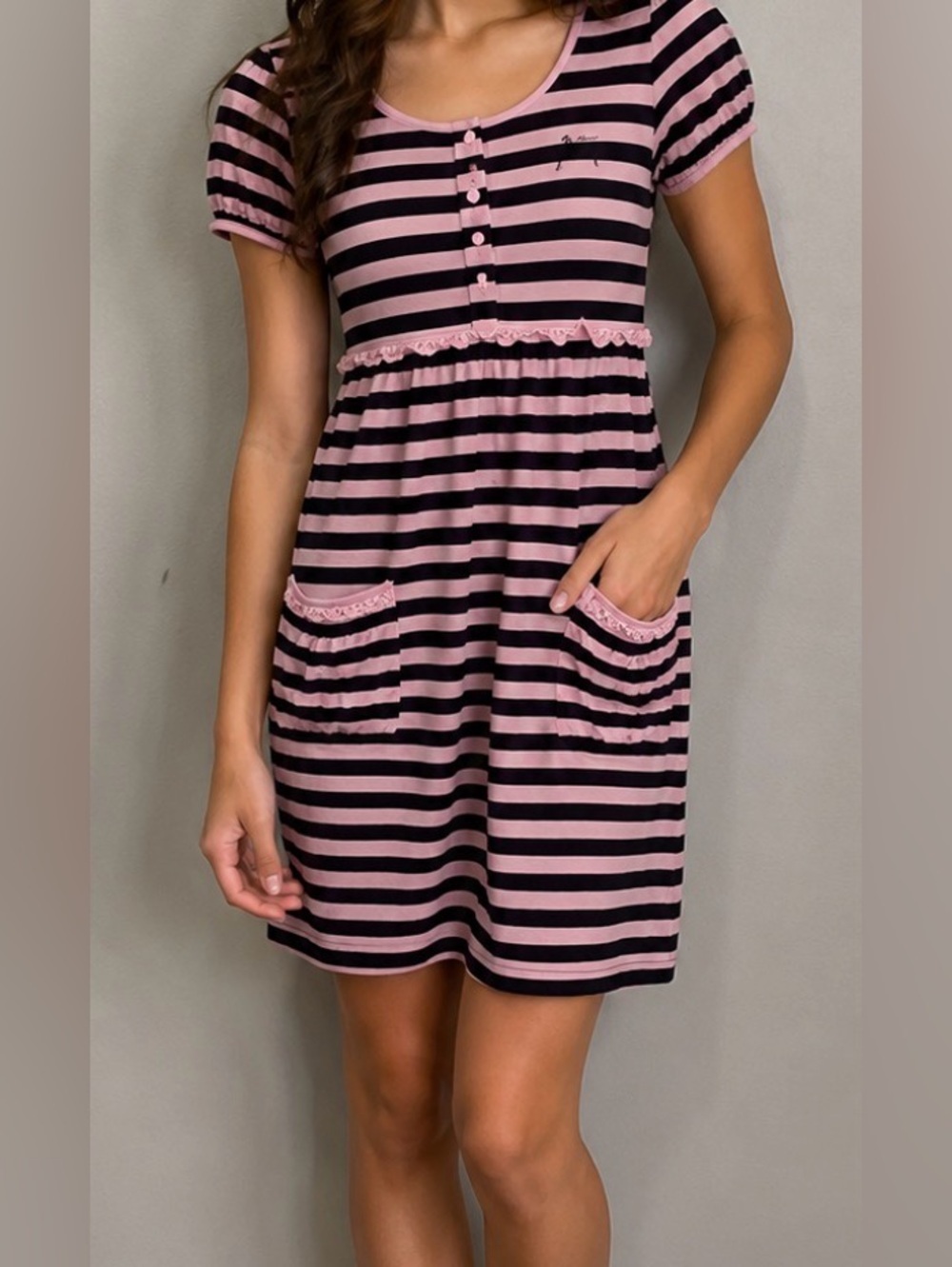 Vintage Juicy Couture Dress Girls Pink Brown Striped Cotton Y2K Pockets Lace